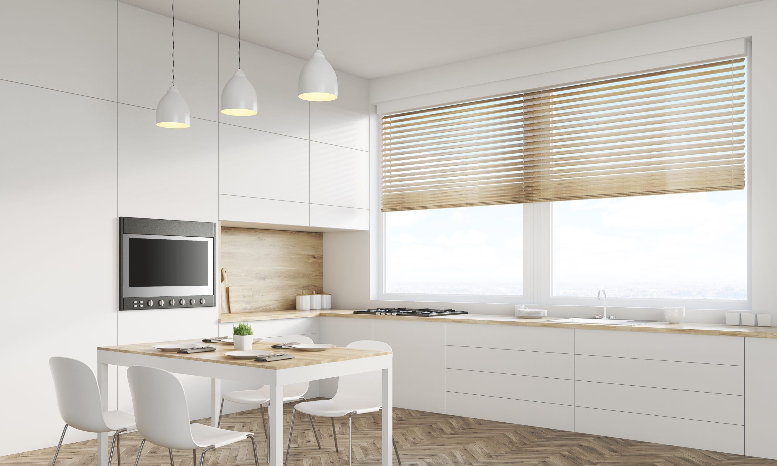 Side view of kitchen table and TV set