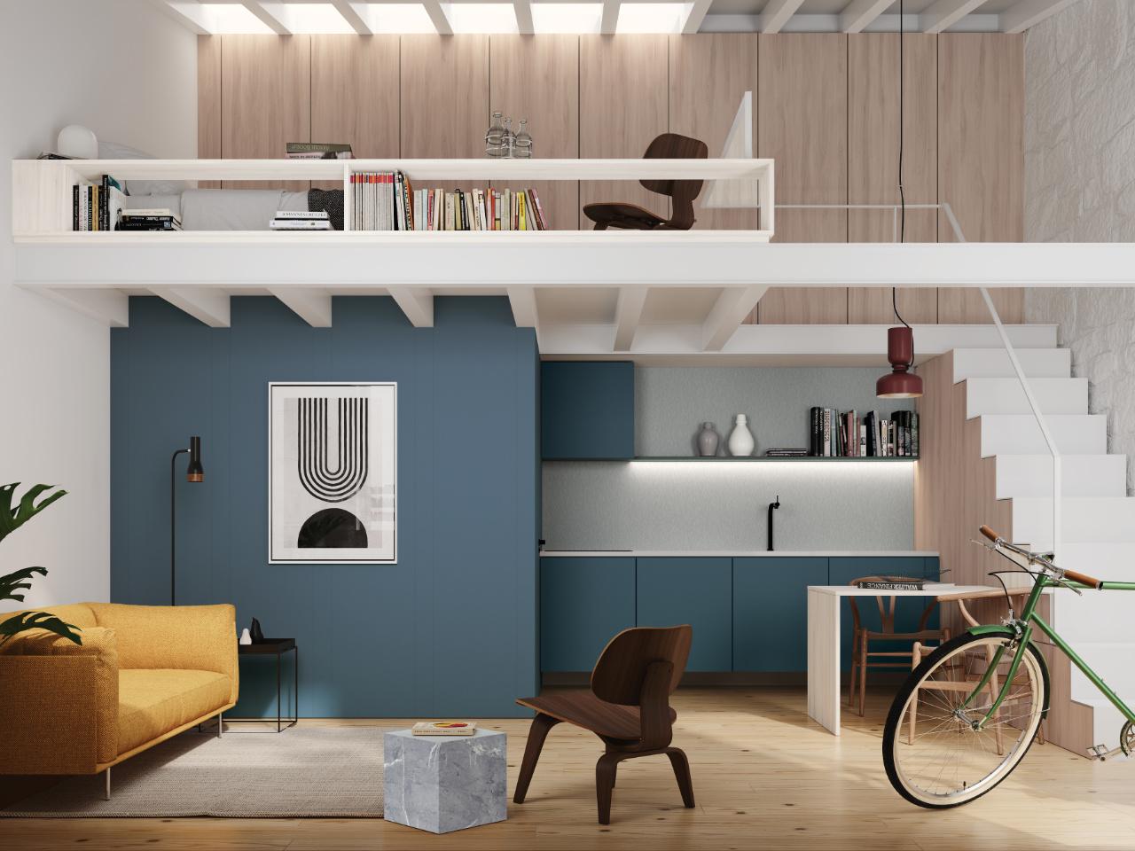 Innovus melamine board used for blue kitchen cabinets and woodgrain wall panels in a modern loft.